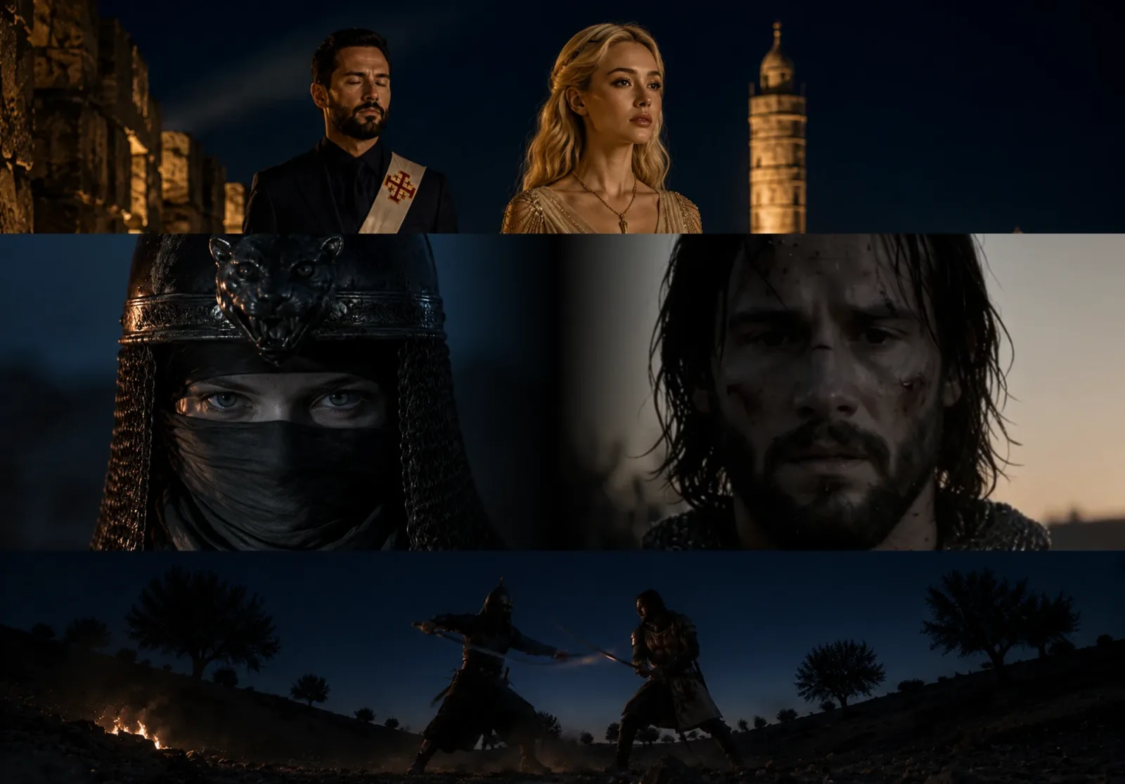 Three frames from the video: a man and a woman by the Tower of David at night, the masked Clorinda facing Tancredi, their duel in silhouette
