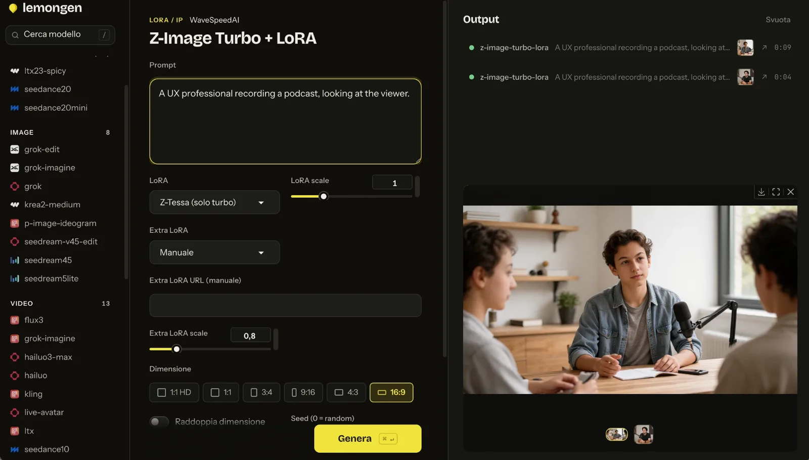 The lemongen workspace: a prompt, LoRA controls and generated portraits in the output column
