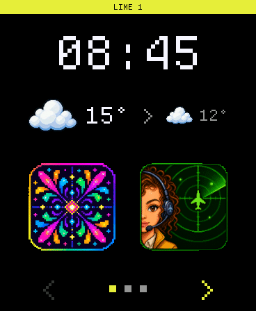 Home screen with clock, weather and app shortcuts