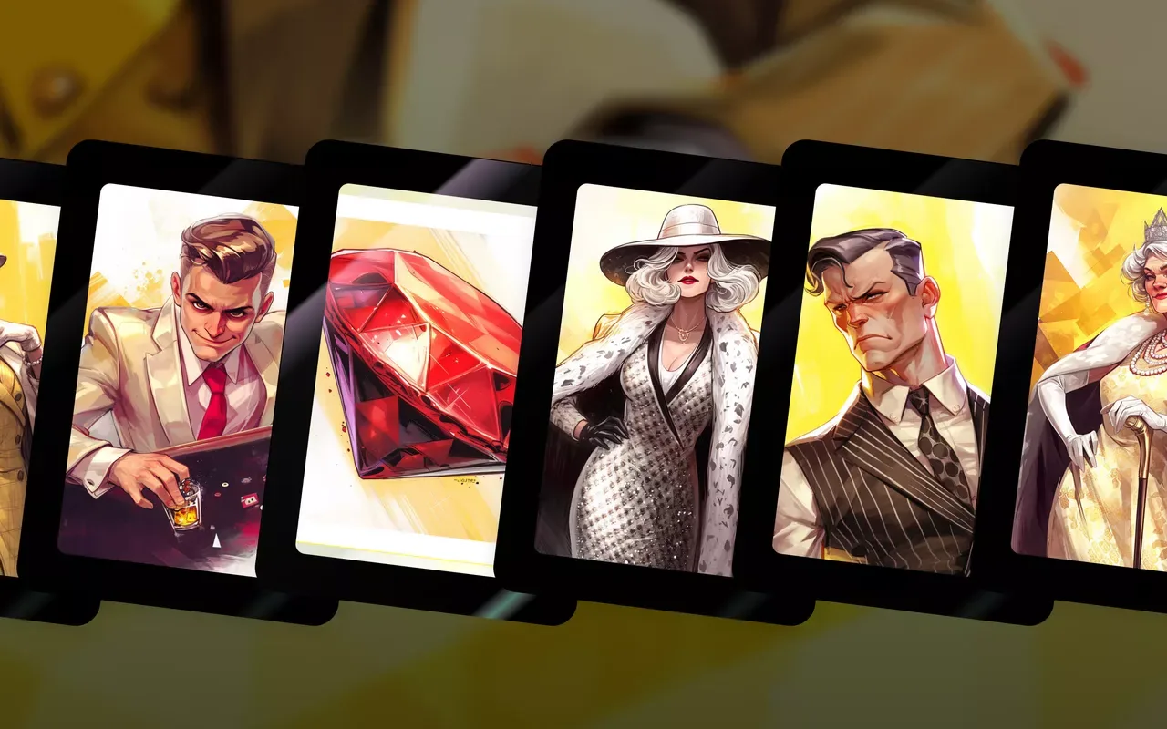 A row of illustrated cards: a croupier, a ruby, a woman in a white fur, a man in a pinstripe suit, an old queen with a cane