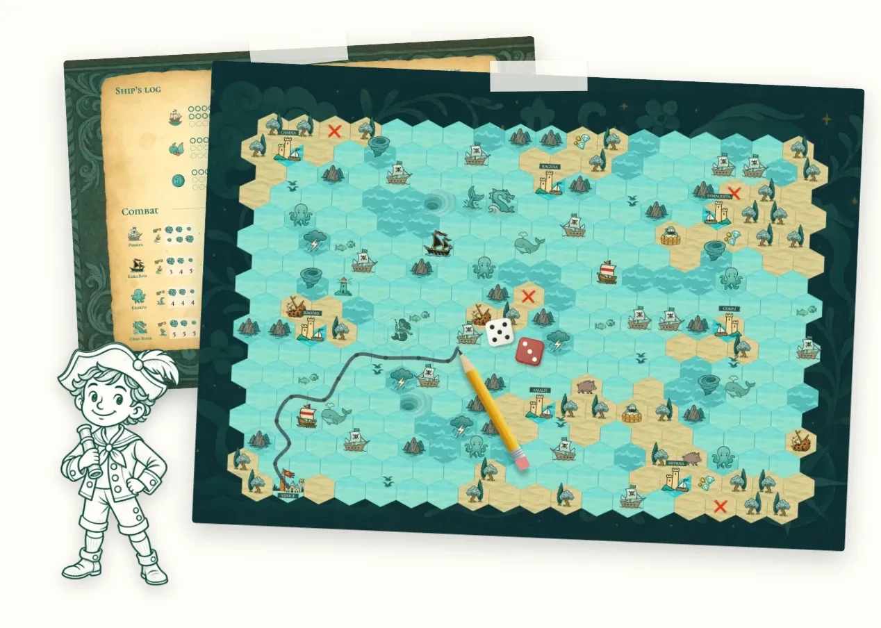 The sea-map game: a hex map with a pencilled route, dice and a ship’s log