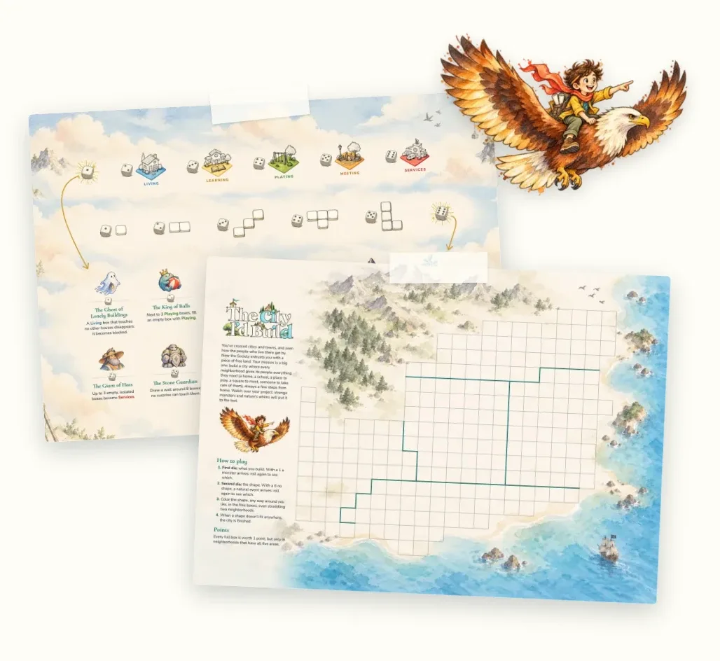 The city-planning game: a gridded coastline with building shapes and monster cards