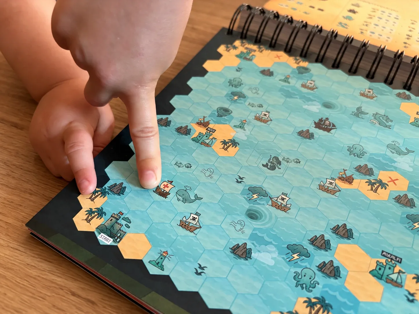 A child’s fingers tracing a route on the sea-map of a paper game