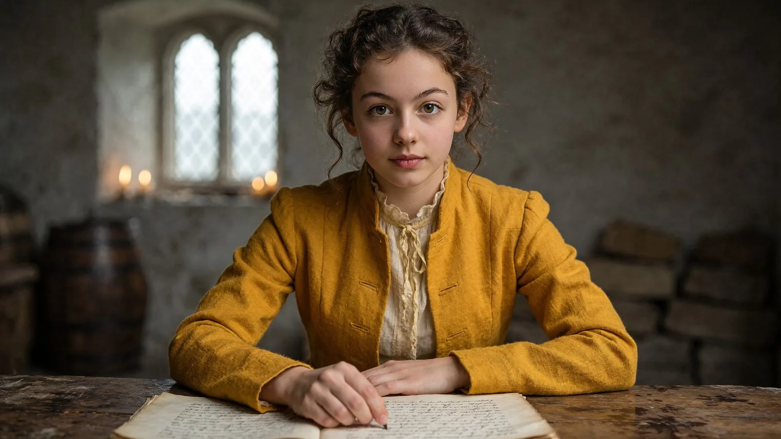 A young woman in a mustard jacket writing in a manuscript, in a stone room
