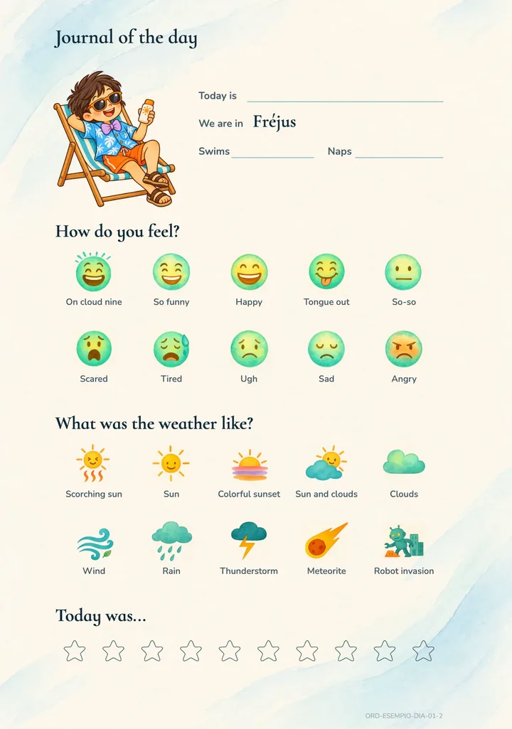 Journal of the day page: how you feel, the weather and a star rating