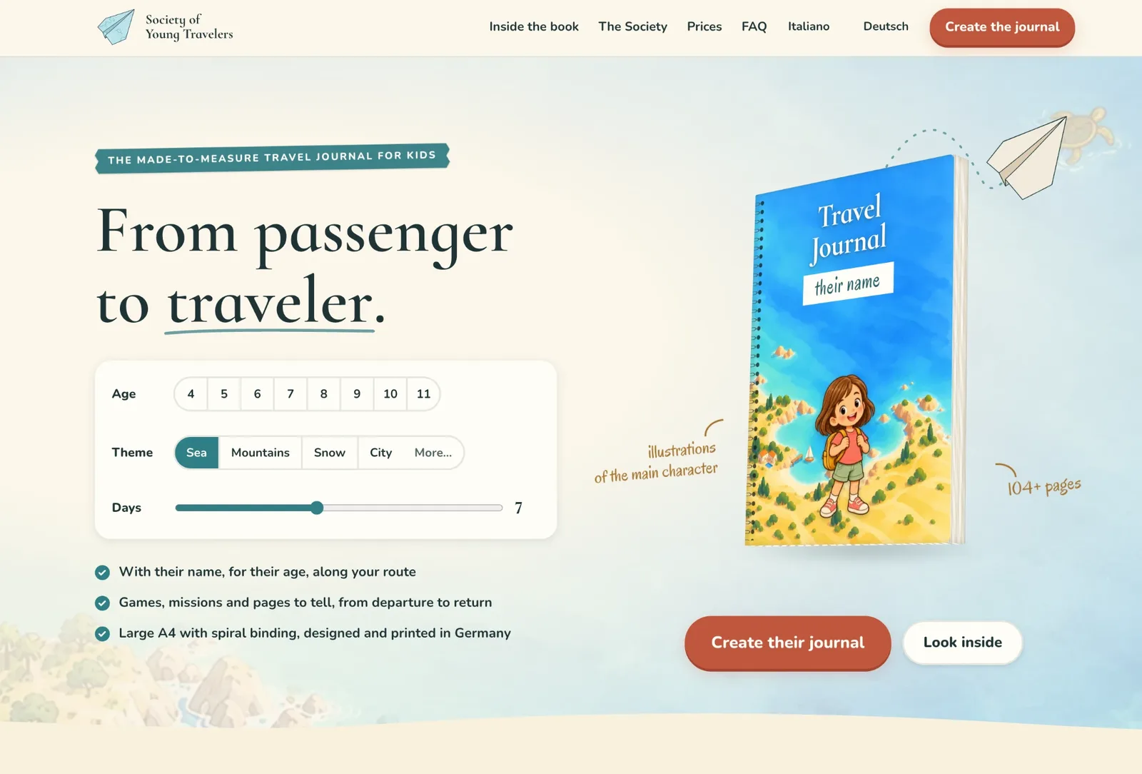 The Society of Young Travelers website: a travel journal with a child’s name on the cover